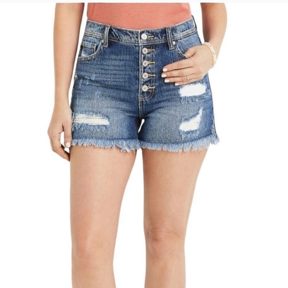 NWT KanCan High Rise Ripped Button Fly 3.5in. Raw Hem Denim Shorts
